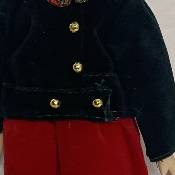 Vintage Porcelain Christmas Boy Doll in Velvet Outfit Girl Doll Handbag Gold - Picture 4 of 16